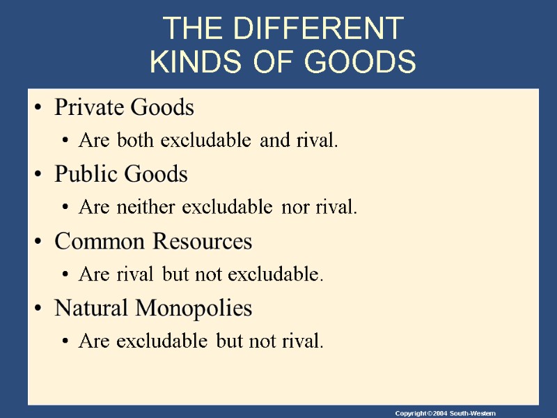 THE DIFFERENT  KINDS OF GOODS Private Goods Are both excludable and rival. Public